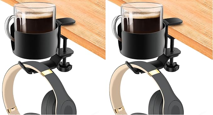 OOKUU 2 in 1 Desk Cup Holder with Headphone Hanger, Anti-Spill Cup Holder for Desk or Table, Easy to Install, Sturdy and Durable, Enough to Hold Coffee Mups, Water Bottles, Headphones (Pack of 2) by OOKUU