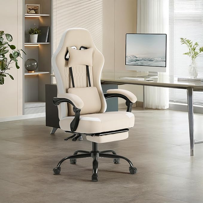 DUMOS Ergonomic Gaming Chair with Footrest, Video Game Chairs | Comfy Lumbar Support, Linkage Armrests, Tech Fabric, Pocket Spring Cushion, Office, Adults Students, Light Brown - Image 2