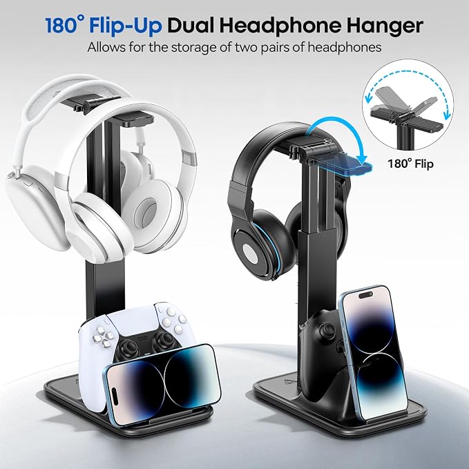 Height Adjustable Dual Headphone Stand, 360° Rotatable Gaming Headset Holder with Controller & Phone Stand, All-in-One Desk Organizer for PS5/Xbox/Switch Controllers/iPad, Desktop Game Accessories - Image 2