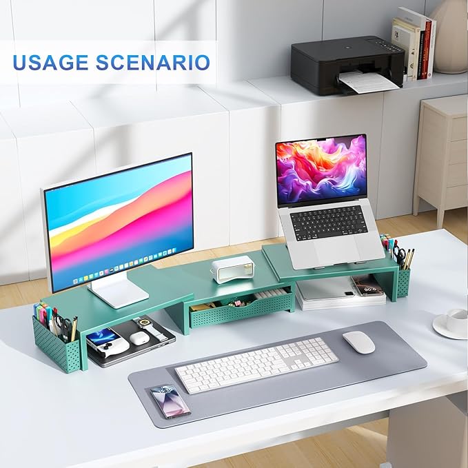 gianotter Dual Monitor Stand Riser With Drawer and 2 Pen Holders | Computer Monitor Stand Desk Organizer and Accessories Desk Shelf for Top of Desk (Green) - Image 6