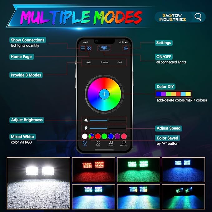 4 Inch RGB Pod Lights, 2PCS 4" RGB LED Light Bar Color Chasing Light Pods Multi-Color Lights for Wrangler Truck Pickup UTV Polaris RZR Ranger Motorcycle Pit Bike Dirt Bike - Image 4