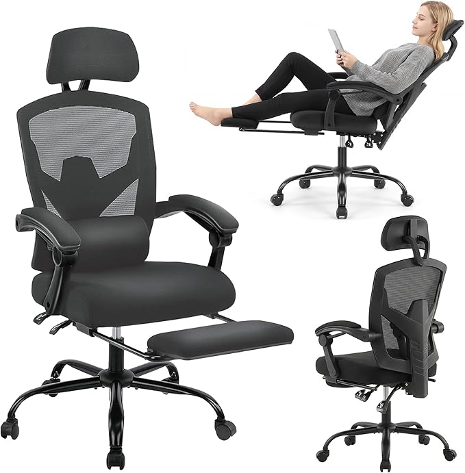 Desk Chair with Foot Rest, High-Back Mesh Office Chair, Classic Black | Reclining Gaming Chair with Headrest and Adjustable Lumbar Support, 90°-130° Reclining, for Home Office and Gaming by BRITEMART