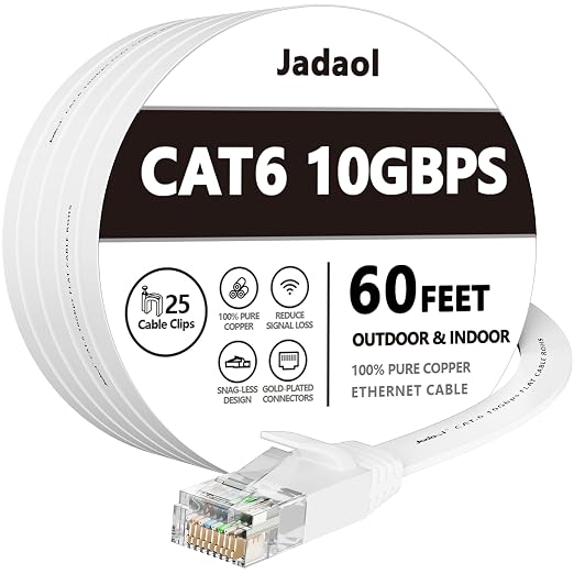 Jadaol Cat6 Ethernet Cable 60FT with Clips 10Gbps Flat Network Cable, White by Jadaol