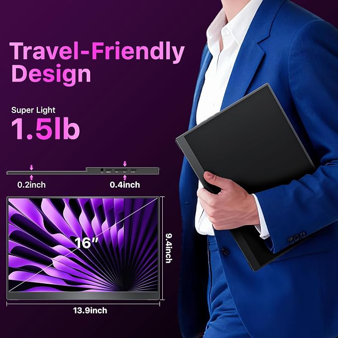 kksmart Portable Monitor for Laptop MacBook Surface PC Xbox PS5, Travel Monitor Second Screen for Laptop, HDMI USB-C VESA Compatible Built-in Speaker, 16 - Image 7