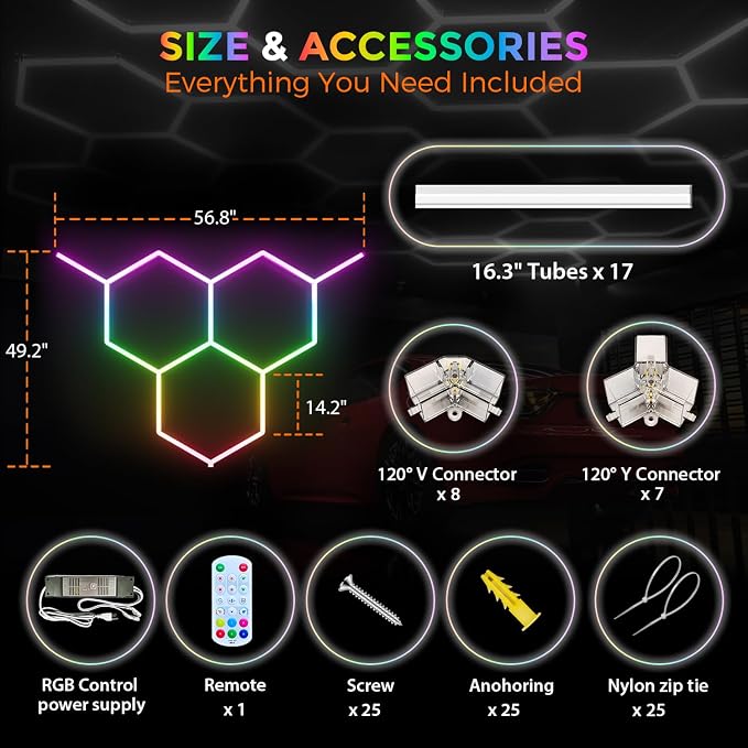 RGB Hexagon Garage Lights 3 Hex, Duplex Signal RGB Led Hexagon Lights with Music Sync Mode, Easy Setup RGB Ceiling Lights for Garage, Gym, Gaming Room, Studio, Party, Bar - Image 9