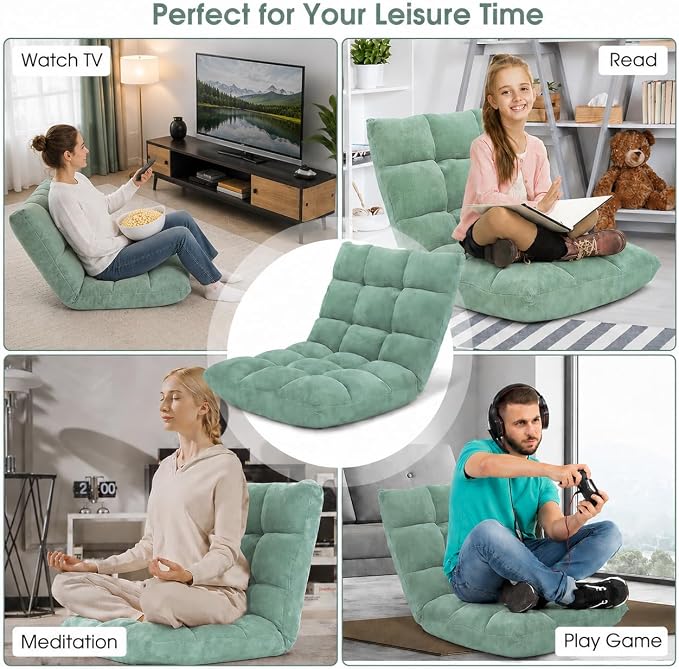 Folding Floor Chair with Back Support, Floor Seat, Lazy Sofa Chair | 14 Adjustable Position, Soft Coral Fleece, Thick Foam, Steel Frame Gaming Chair for Adults, Meditation, Living Room (Green) - Image 6