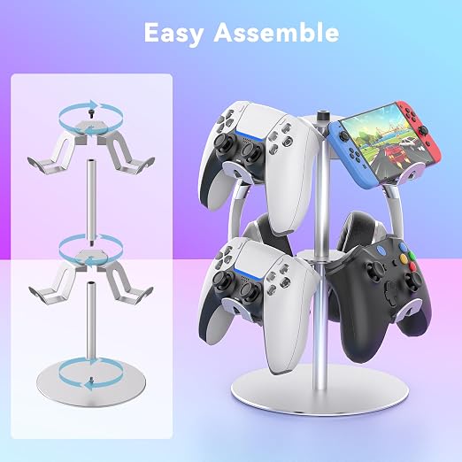 DGPCT Aluminum Rotating Controller Stand for Xbox/PS5/Switch, 2-Tier | 6 Hangers to Place, Holds Headset & Controllers, Stable Controller Organizer Rack, Fits for Switch Pro/PS4 and More, Silver - Image 8