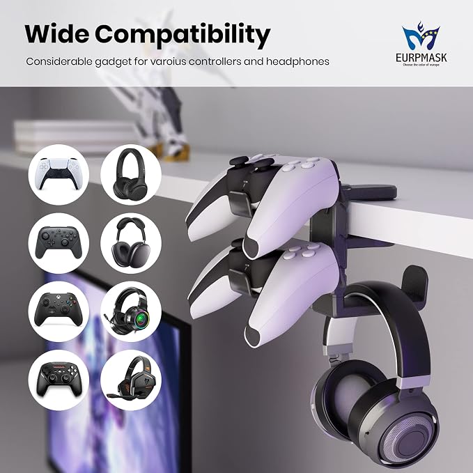 EURPMASK 3-in-1 Rotating Headphone Stand w/2 Detachable Controller Holders | Adjustable Clamp-on Headset Holder Hanger,360°Swivel,Gaming Headset Hanger,Cable Organizer,Keep Headphones Secure&Desk Tidy - Image 3