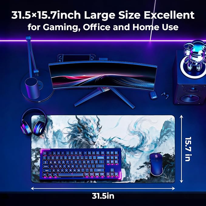 Lion Gaming Mouse Pad, XXL Chinese Landscape Desk Mat 31.5X15.7 | HD Print, Non Slip Rubber Base, Waterproof Fabric Top, Stitched Edges, Ideal Gift for Dorm, Home, Office & Back to School - Image 2