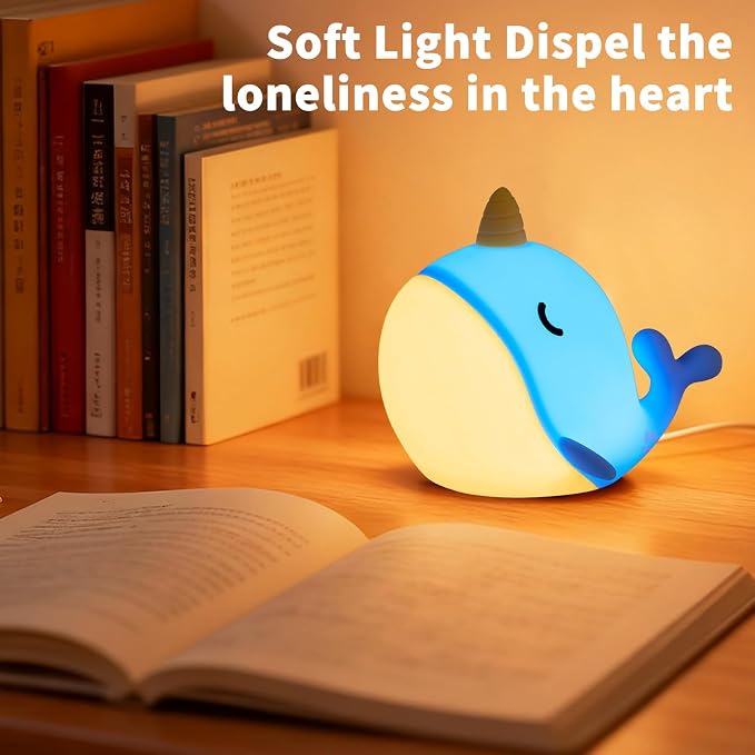 Cute Narwhal Night Light, Tap Control with 3 Warm White Brightness, USB Kids Bed Lamp with 30-Minute Timer, Soft Silicone Glow for Nursery, Birthday Gift, Blue - Image 6
