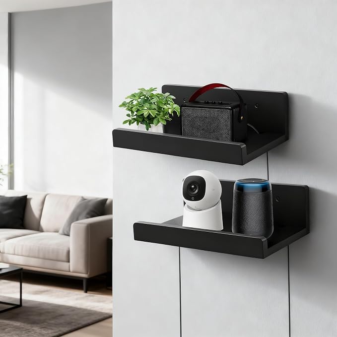 Floating Wall Shelves Set of 2, 12-Inch Solid Wood Shelves with Cable Holes, Small Display Shelf for Router, Webcam, Smart Speaker, Camera – Black - Image 2