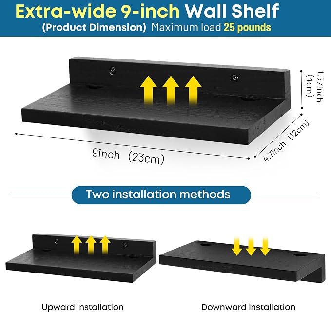 Small Floating Shelf for Wall,9X5 Inch Wall Mounted Shelf with Cord Hole,Small Display Shelves for Cameras, Webcam, Router,Smart Speaker,Action Figures-2 Pcs(Black - Image 3