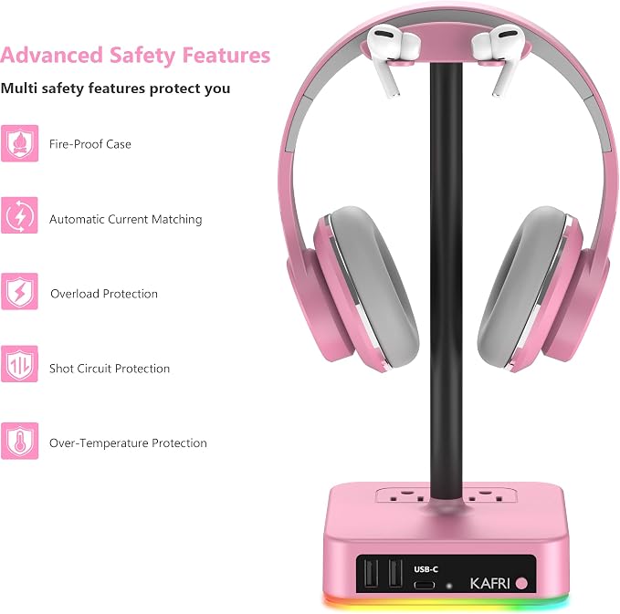 KAFRI RGB Headphone Stand with USB Charger Desk Gaming Headset Holder Hanger Rack with 3 USB Charging Port and 2 Outlet - Suitable for Gamer Desktop Table Game Earphone Accessories Girlfriend Gift - Image 6