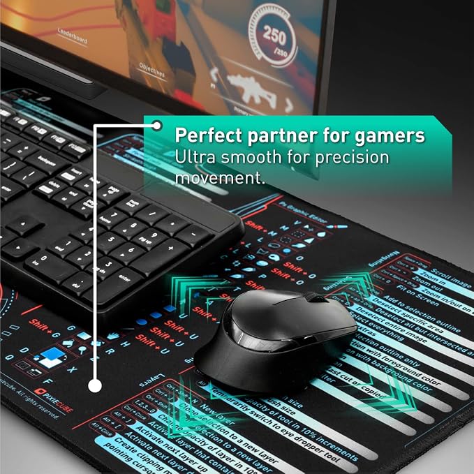 Pixiecube Windows, Office, Excel, Adobe Photoshop Shortcut Keys Extended Large Mouse Pad | Gaming Desk Mat for PC. Stitched Edge Non-Slip Base Mousepad, Keyboard Mat - Image 5