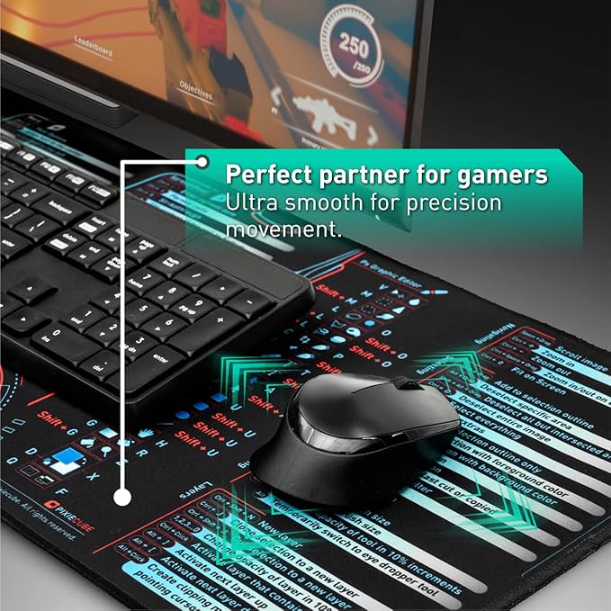 Pixiecube Windows, Office, Excel, Adobe Photoshop Shortcut Keys Extended Large Mouse Pad | Gaming Desk Mat for PC. Stitched Edge Non-Slip Base Mousepad, Keyboard Mat - Image 5