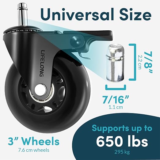 Lifelong Brake Office Chair Wheels Replacement, Heavy Duty, Black, 5-Pack | Original Rubber Caster, Desk Wheels, Smooth & Quiet, Safe for Hardwood Floors & Carpet, Replace Office Chair Mats, Fits 98% - Image 5