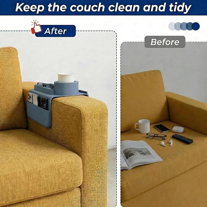 Silicone Couch Caddy Cup Holder Tray, 3-Side Sofa Armrest Organizer with Secure Gear-Shaped Locking Holder & Large Tablet Slot, Non-Slip Weighted Armchair Caddy, Couch Accessories (Grey) - Image 2
