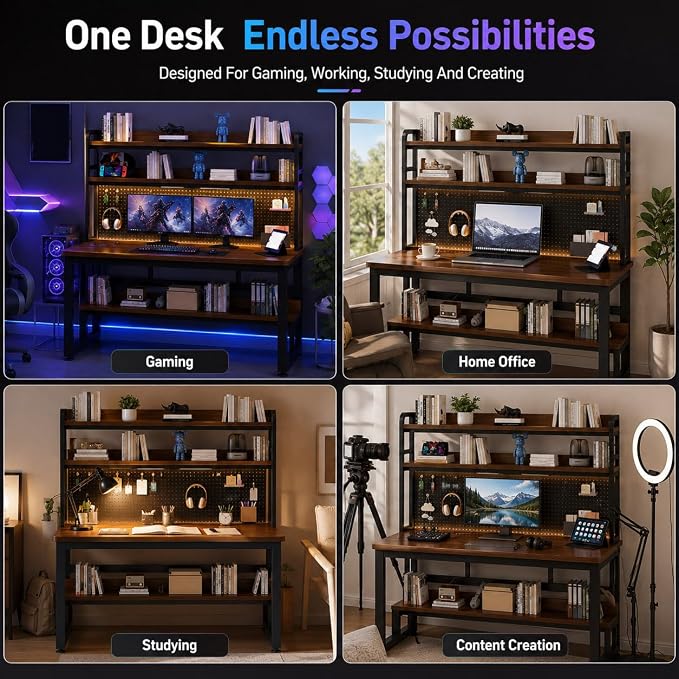 Computer Desk with Power Outlet & LED Lights | 40 Inch Gaming Desk with Hutch & Pegboard, Home Office Desk with Storage Shelves for Bedroom, Study(Brown,40inch) - Image 8