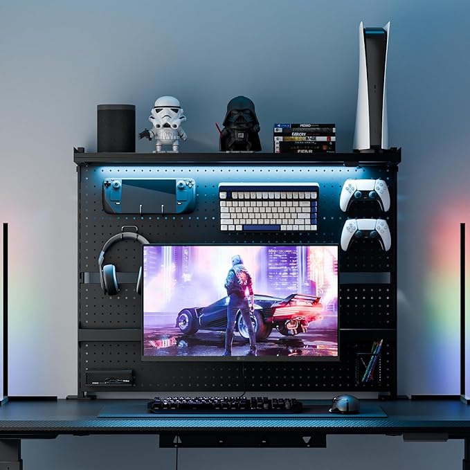 EUREKA ERGONOMIC Desk Pegboard Dual Monitor Stand 43x34 Black | Steel pegboard with dual monitor stands, privacy panel and 4 modular accessories for organized gaming and office setups by EUREKAERGONOMIC