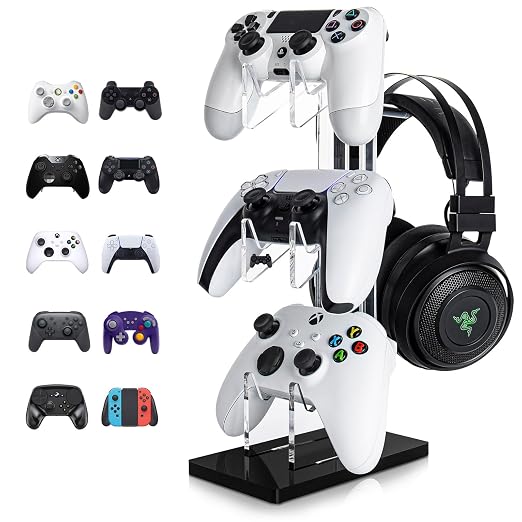 OAPRIRE Acrylic Game Controller Stand for Desk, 3 Tier, Stabilized Base | Controller and Headset Stand, Gamer Gift for PS5 PS4 Xbox Controllers, Desk Accessories, Quick Desk Tidy In Seconds, Black by OAPRIRE