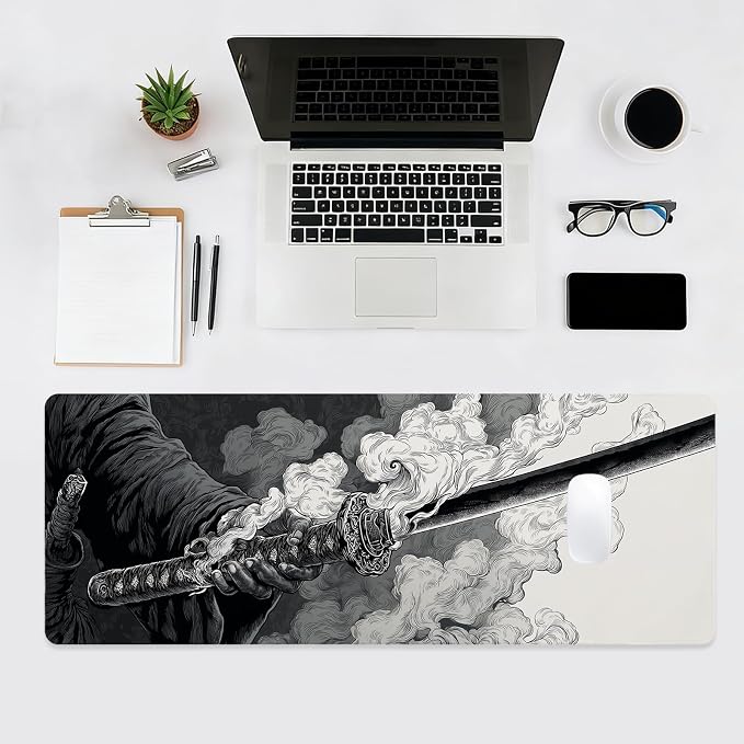 Gaming Large Mouse Pad, Japanese Samurai Sword Desk Mat, Big Mousepad Non-Slip XL Extended Laptop Computer Keyboard Mat for Gamers, Office&Home, 31.5x11.8in, Black and White - Image 4