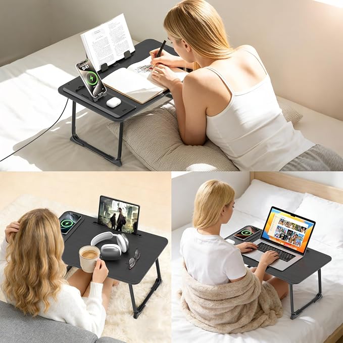 Lap Desk Bed Table with Wireless Charger - Foldable Large Laptop Tray with Tablet Slot and Book Shelf, No Assembly Table for Couch Chair Floor for Sturdy, Writing, Studying Eating, and WFH - Image 6