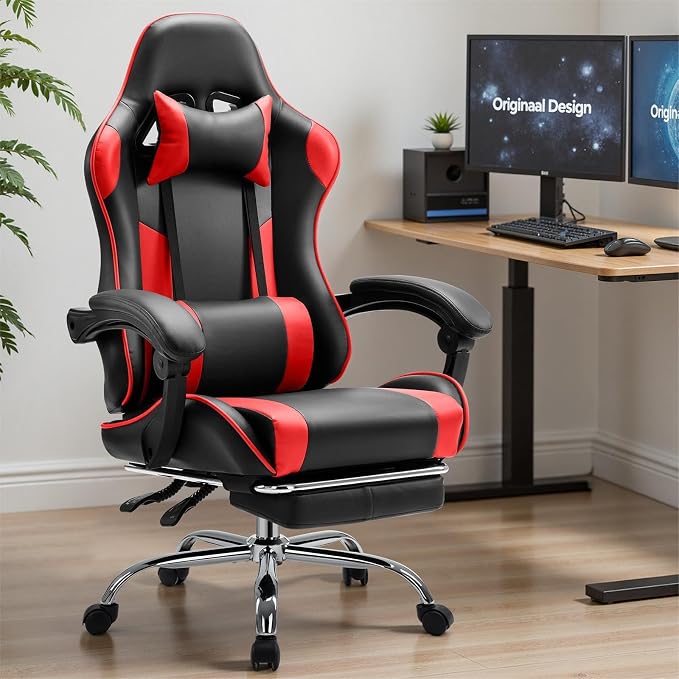 Sweetcrispy Gaming Chair, Ergonomic Computer Desk Chair, Lumbar Support | High Back PU Leather, Adjustable Headrest Footrest, Racing Video Office Home, Red - Image 2