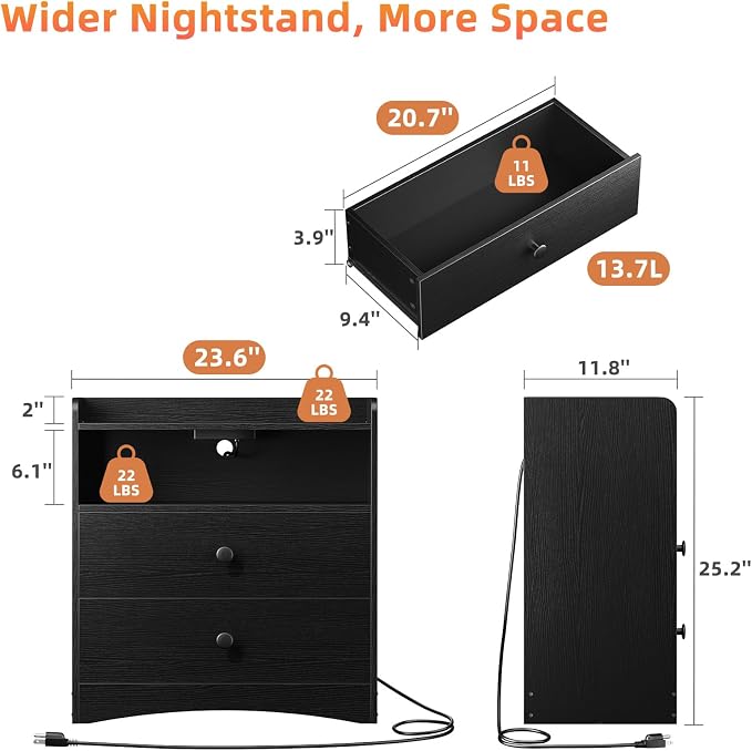 Memobarco 2 Pack Nightstand with Charging Station and LED Light, Black - Image 2
