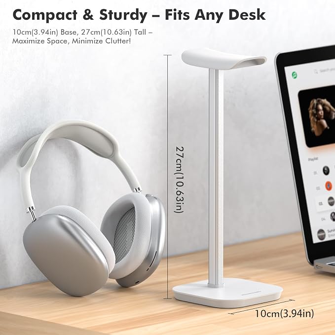 Headphone Stand, Desktop Headset Holder Heavy Base Desk Earphone Stand Aluminum Gaming Headset Hanger Rack Compatible with AirPods Max, AirPods Pro, Sony, Beats, Bose, Razer (White) - Image 2