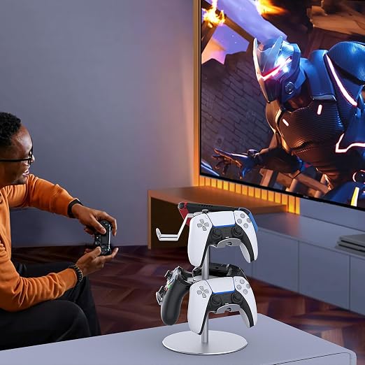 DGPCT Aluminum Rotating Controller Stand for Xbox/PS5/Switch, 2-Tier | 6 Hangers to Place, Holds Headset & Controllers, Stable Controller Organizer Rack, Fits for Switch Pro/PS4 and More, Silver - Image 7