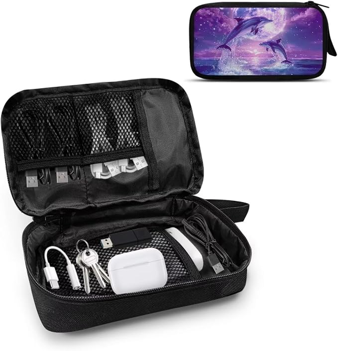 Purple Moonlight Dolphin Print Storage Pouch - Earphone, Cable Organizer, Power Bank & Data Cables Storage, Headset Organizing Multipurpose Bags - Image 2