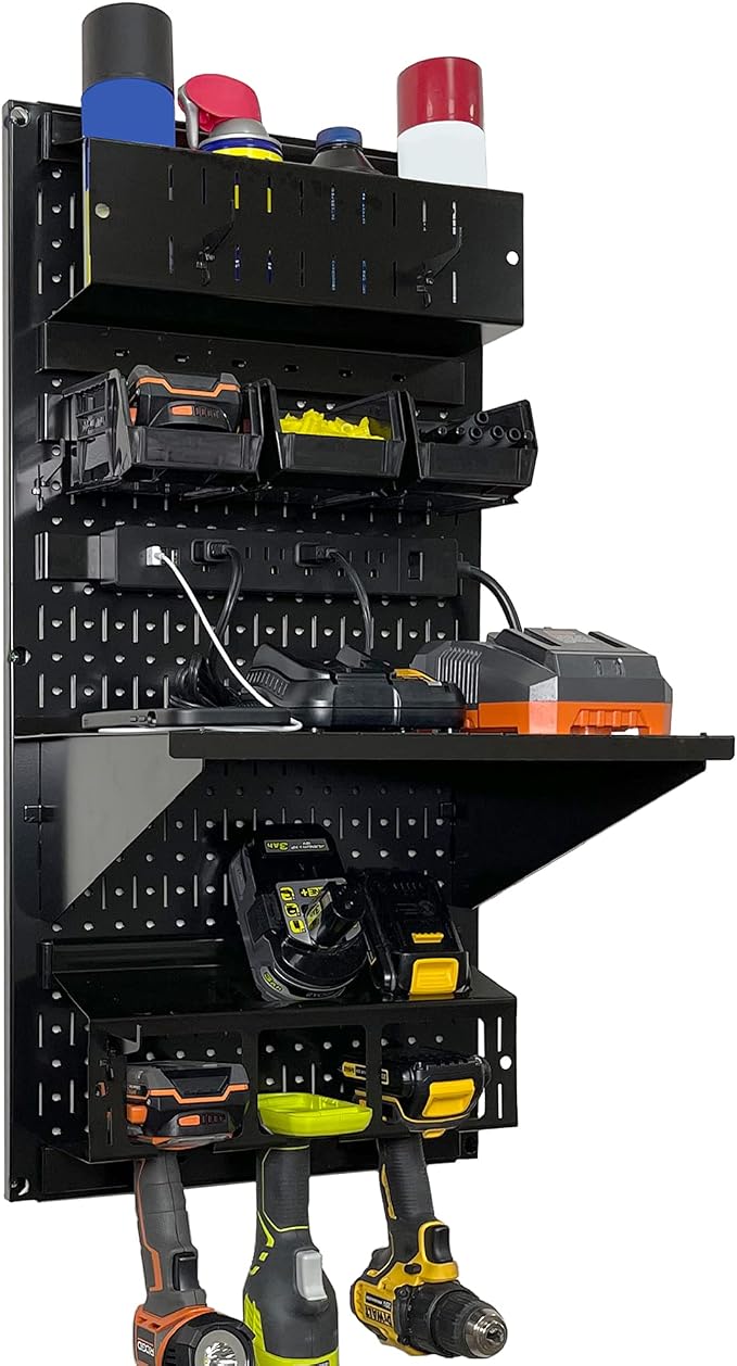 Wall Control Power Tool Storage Organizer Kit Cordless Drill Holder Charging Station Rack 16” x 32” Metal Pegboard Organization System (Black Pegboard) by Wall+Control