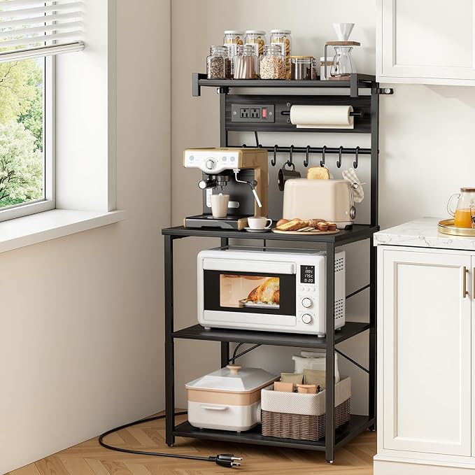 VEVOR Kitchen Bakers Rack with Power Outlets, 23.6 x 15.7 x 55.1 Inch Microwave Stand with Built-in Power Strip & 4.6 Ft Cord, 8 S-Shaped Hooks, for Dish Storage, Spice Jars, Coffee Bar Organization - Image 8
