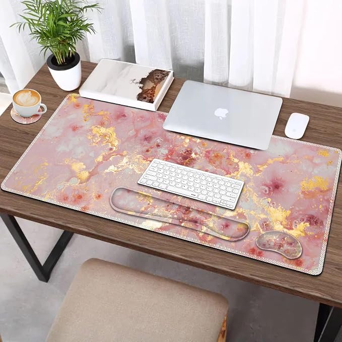 AIMSA Keyboard Mouse Pad Set, Large Gaming Mouse Pad +Wrist Rest Mouse Pad +Keyboard Wrist Support +Coaster, 35x15.7 inch Extended Desk Mat for Easy Typing Pain Relief (Pink Gilt Marble) - Image 6