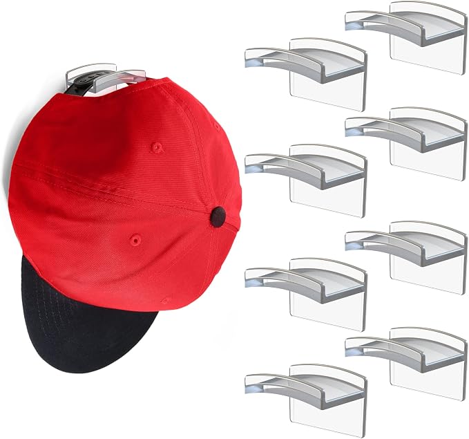 Modern JP Adhesive Hat Hooks for Wall (8-Pack) - Minimalist Hat Rack Design, No Drilling, Strong Hold Hat Hangers - USA Patented, Clear by ModernJP