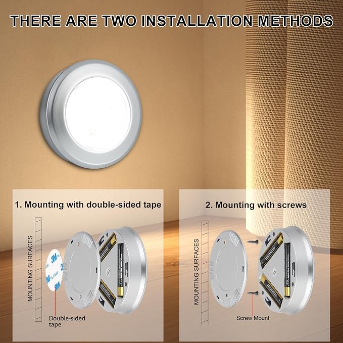 BIGMONAT LED Puck Light, Stick on Lights, Closet Lights Battery Operated, Tap Lights, 60 Lumens Touch Light, Under Cabinet Lighting, Ideal for Kitchen Cabinets, Closets, 3-Pack, Silver - Image 7