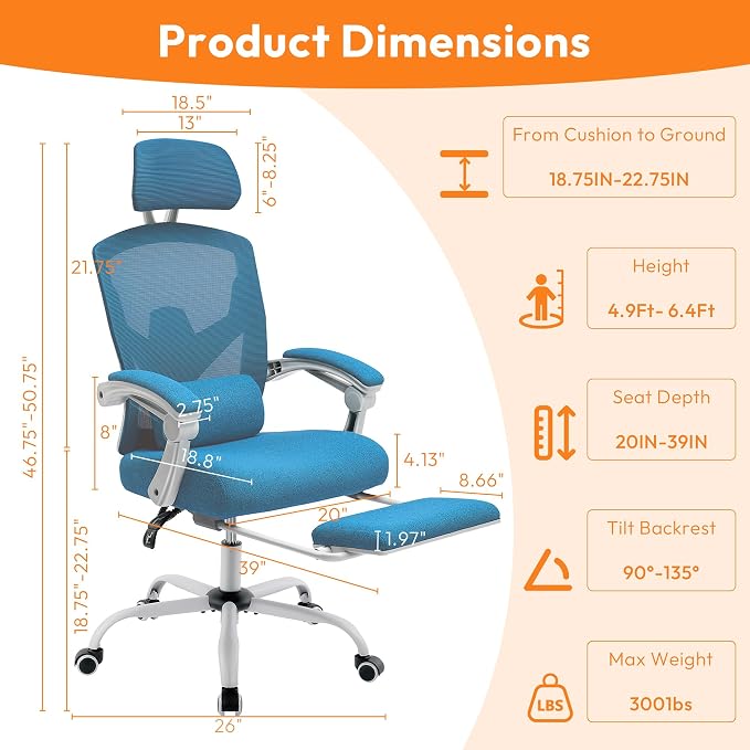 Ergonomic Desk Chair, High Back Office Chair with Wheels, Elegant Blue | Computer Chair with Footrest, Swivel Reclining Gaming Chair with Headrest, Comfy Armrest for Home, Office, Work, Study - Image 2