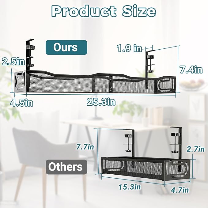 Cable Management Under Desk, 25.3'' No Drill Desk Cable Management Tray with Clamp, Metal Cord Organizer for Standing Desk, Computer Wire Management for Home Office & Gaming Setup, Black - Image 2