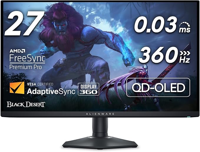 Alienware AW2725DF OLED Gaming Monitor - 26.7-inch Quantom-Dot WQHD (2560x1440) 360Hz 0.03Ms Display, AMD FreeSync Premium Pro, HDMI/DP/USB 3.2 Gen1, Height/Tilt/Swivel/Pivot Adjustability - Black by Alienware