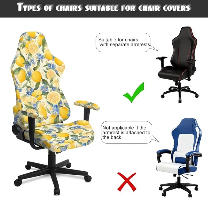 Floral Lemon Gaming Chair Covers Yellow Set of 4 Vintage Floral Computer Chairs Slipcover Watercolor Lemon Split Chairs Covers with Armrest for Home Office Workstation Decorations - Image 5
