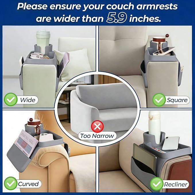 Silicone Couch Caddy Cup Holder Tray, 3-Side Sofa Armrest Organizer with Secure Gear-Shaped Locking Holder & Large Tablet Slot, Non-Slip Weighted Armchair Caddy, Couch Accessories (Grey) - Image 3