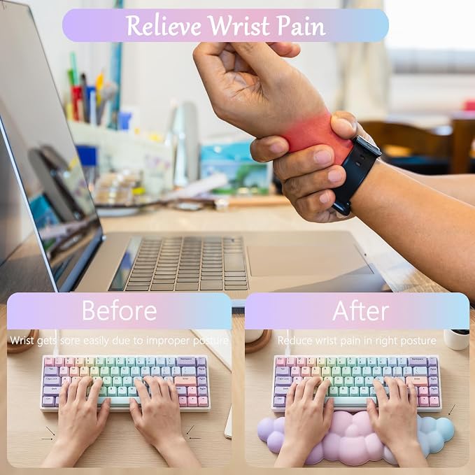 Cloud Mouse Pad Keyboard Wrist Rest 4PCS Extended Large Pink Sky Desk Mat Pad Set Memory Foam Non-Slip Cute Ergonomic Gaming Mouse Pad Wrist Support for Computer Laptop Home Office Pink Purple - Image 5