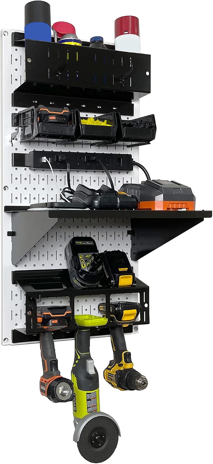 Wall Control Power Tool Storage Organizer Kit Cordless Drill Holder Charging Station Rack 16” x 32” Metal Pegboard Organization System (White Pegboard) - Image 3