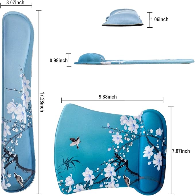 Ergonomic Memory Foam Keyboard Mouse Pad Set with Rest Wrist Cushion Support for Laptop/Notebook/Desktop/Computer/Gaming/Home/Office/Desk, Comfortable & Lightweight (Birds & White Flowers) - Image 2