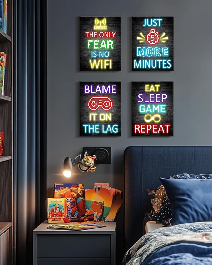 KUVIOKE Video Gamer Room Decor for Teen Boys Gaming Wall Art Gamer Neon Sign Teenage Bedroom Decor Ready to Hang Set of 4, 12x16in (Framed) - Image 7