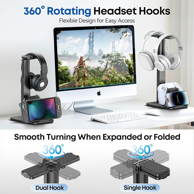 Height Adjustable Dual Headphone Stand, 360° Rotatable Gaming Headset Holder with Controller & Phone Stand, All-in-One Desk Organizer for PS5/Xbox/Switch Controllers/iPad, Desktop Game Accessories - Image 4