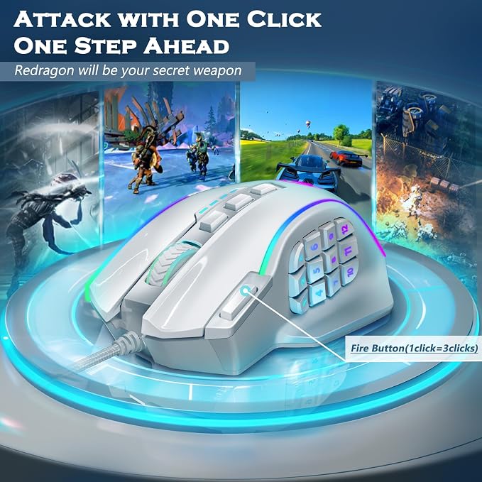 Redragon Gaming Mouse, MMO Gaming Mouse UP 12400 DPI, 19 Macro Programmable Buttons, RGB Mouse with 12 Side Buttons, 8 * 2.4g Weight Tuning for PC Laptop MOBA FPS, White - Image 6