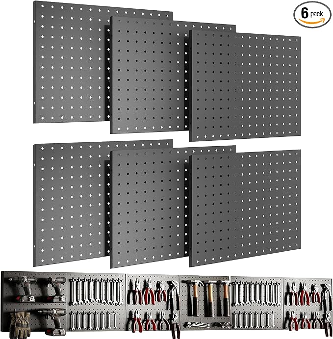 6 Pcs Metal Pegboard Wall Organizer, 16" x 12" Heavy Duty Peg Board for Garage Tool Storage, Black Peg Board Panels for Garage, Craft Room, Workbench Storage by Unknown