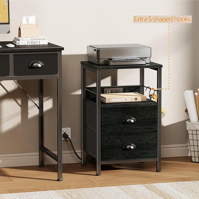 Furologee Nightstand Set of 2, Black Oak, with Charging Station and USB Ports, Side Tables with 2 Fabric Drawers, Bedside Tables with Storage Shelf & Hooks, for Living Room/Bedroom - Image 7