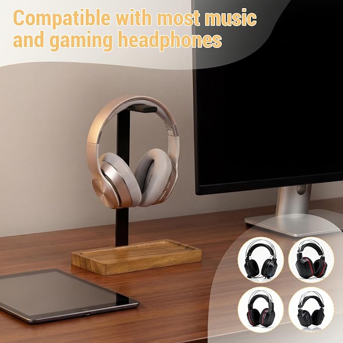 Wood Headphone Stand, Walnut Headset Stand for Desk, Universal Headphone Holder with Storage Base for Gaming, Music Headsets(Light Brown) - Image 4
